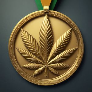 Medalha de ouro com o formato de uma folha de Cannabis no centro