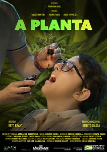 Cartaz do filme A Planta. Um homem usa conta-gotas para pingar óleo na boca de um menino