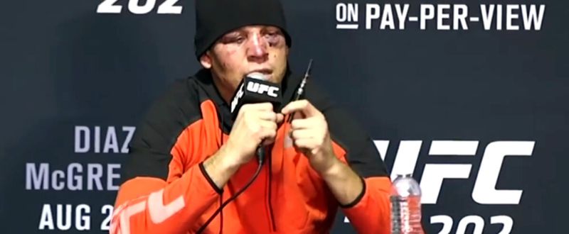 Reprodução. Nate Diaz usa vaporizador de CBD em coletiva de imprensa após luta do UFC